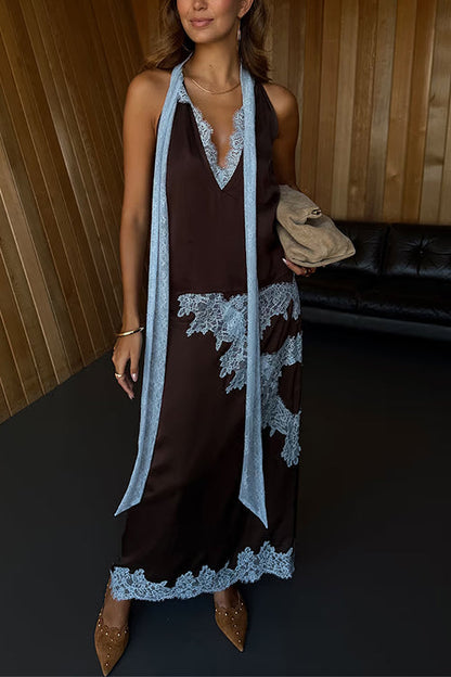 Sleeveless V Neck Lace Trim Satin Scarf Top