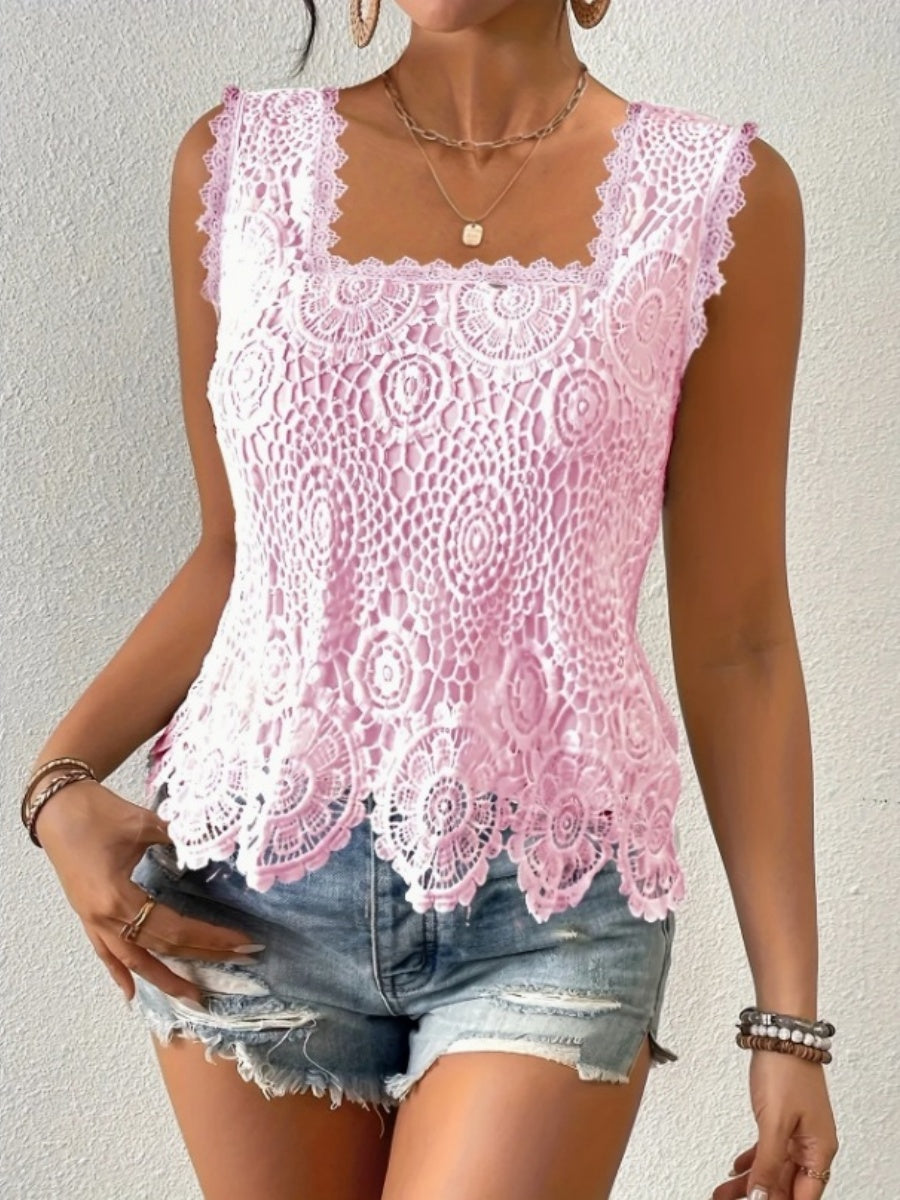Square Neck Heavy-duty Crochet Openwork Flower Tank Top