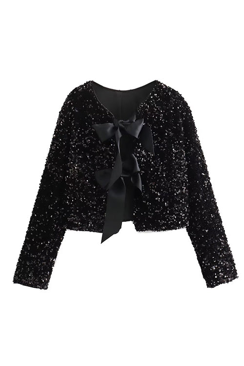 Margovil Long Sleeves Bow Detail Shiny Sequin Top