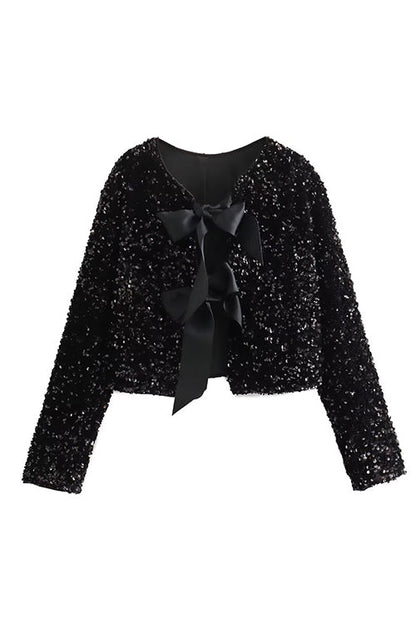 Margovil Long Sleeves Bow Detail Shiny Sequin Top
