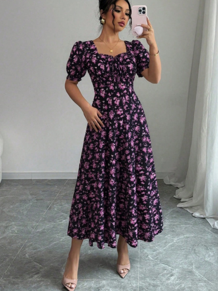 Floral Short Sleeve Square Collar Ruffle Vacation And Leisure Maxi Dresses