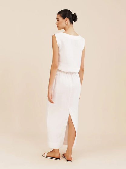 Cotton And Linen Loose-fitting Crew Neck Cropped Vest High-waisted Midi Skirt Set 2-piece Sets
