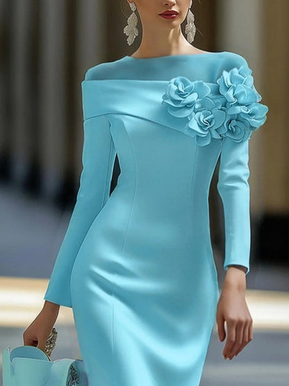 Round Neck, Solid Color, Slim Fit, Mid-length Dress With Side 3D Floral Embellishments