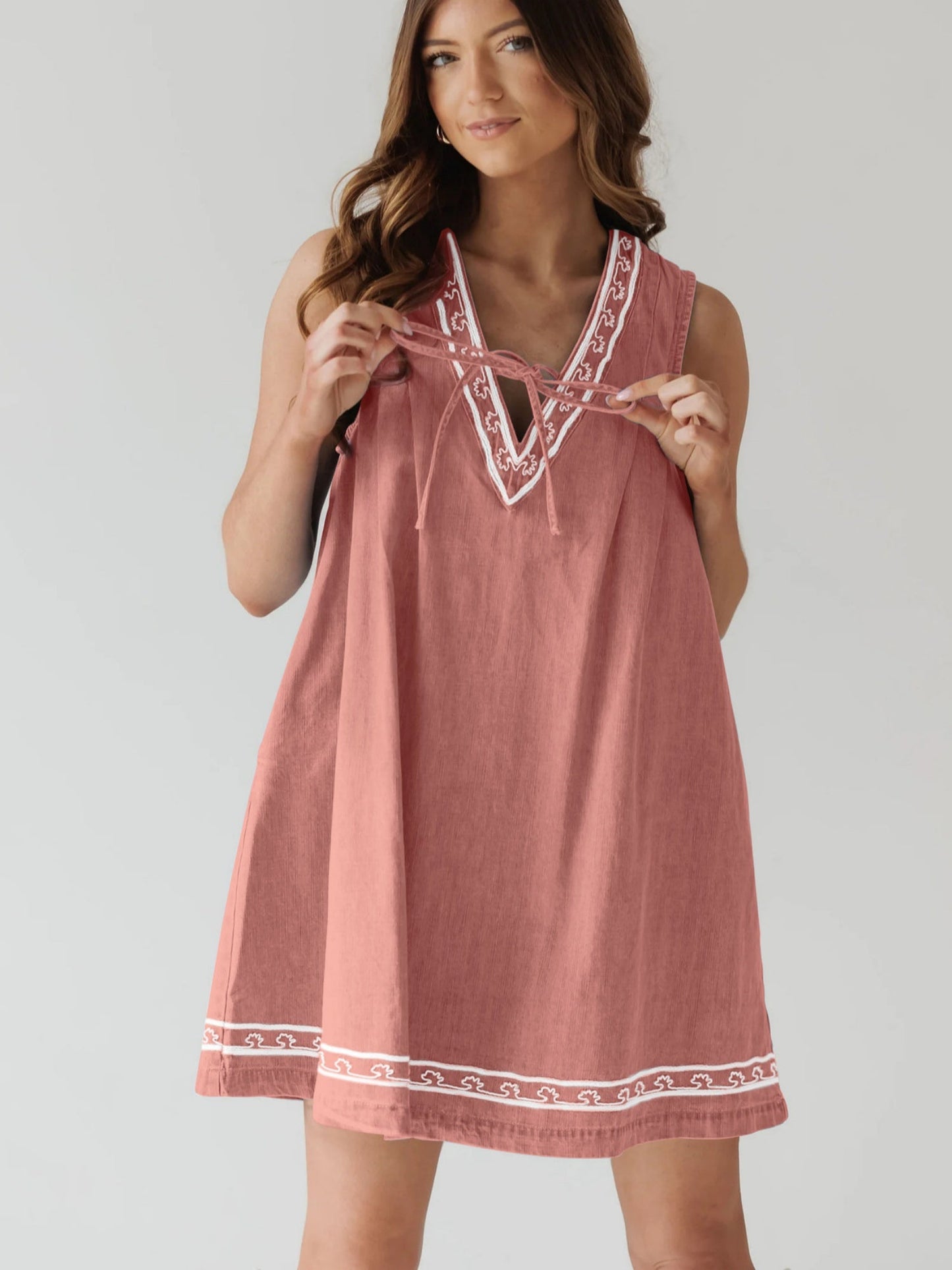Denim Embroidery Openwork Tie V-neck Sleeveless Mini&Short Dresses