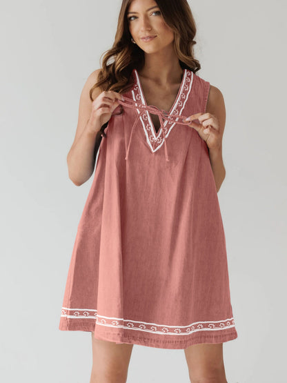 Denim Embroidery Openwork Tie V-neck Sleeveless Mini&Short Dresses