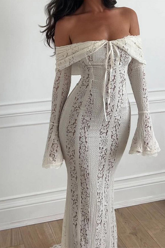 Off-the-Shoulder Lace Bell Sleeve Tie Front Bodycon Mermaid Maxi Dress