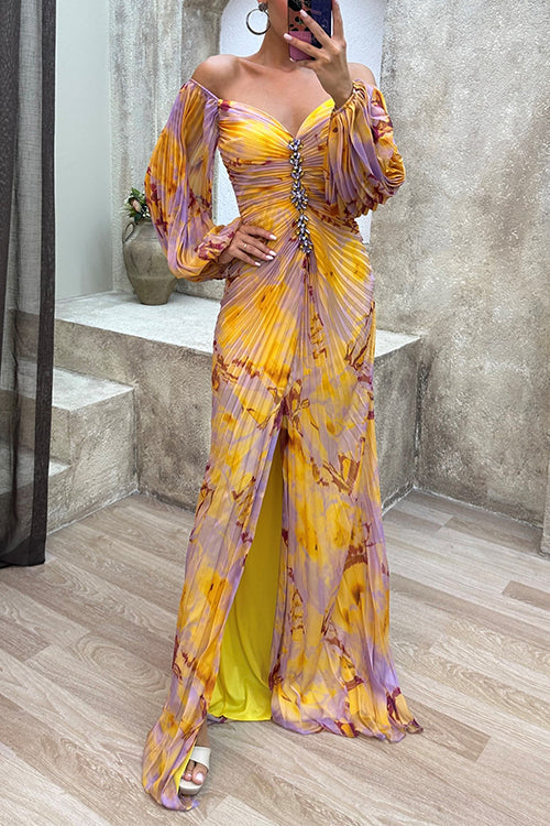 Margovil Off Shoulder Rhinestones Detail Printed Slit Pleated Maxi Dress