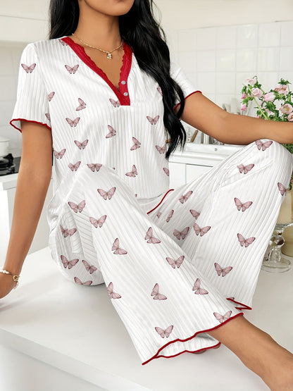 Heart-print V-neck Short-sleeved Trousers Loungewear Set