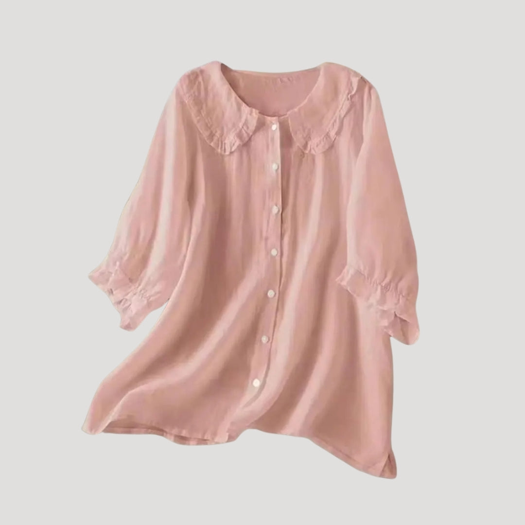 | Linen Blend Blouse Long Sleeve Ruffle Collar Top