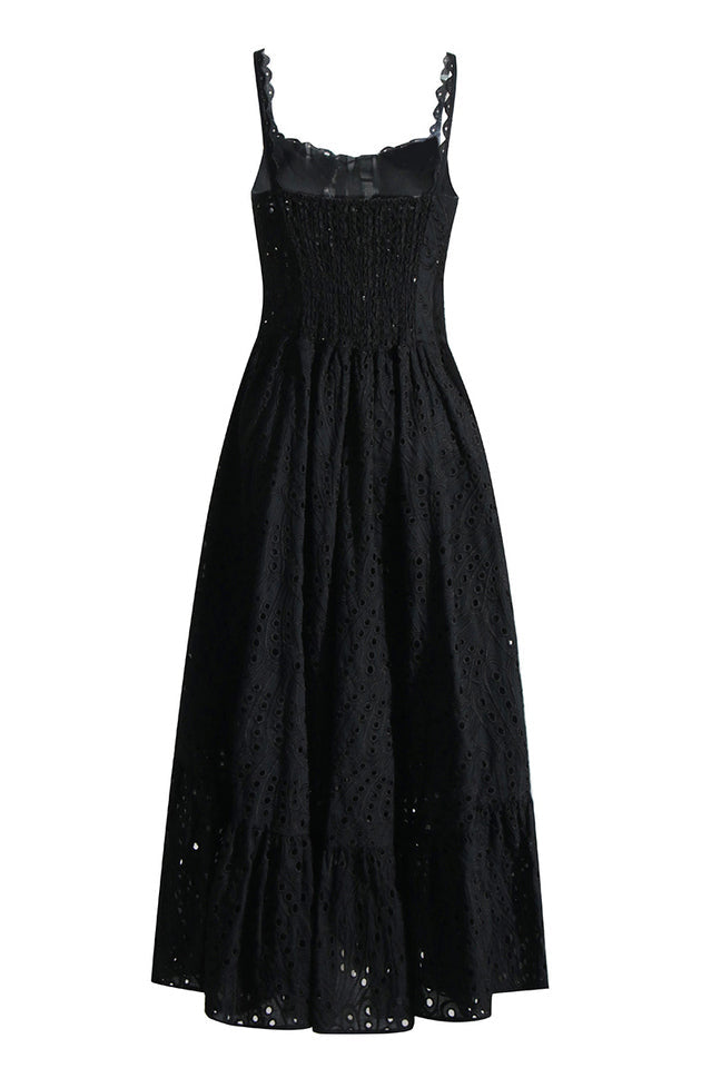Eyelet Embroidery Spaghetti Strap Smocked Tiered Ruffle Hem Maxi Dress
