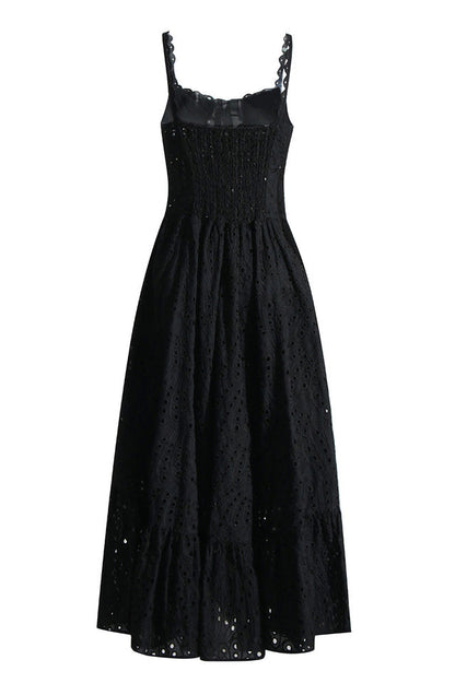Eyelet Embroidery Spaghetti Strap Smocked Tiered Ruffle Hem Maxi Dress
