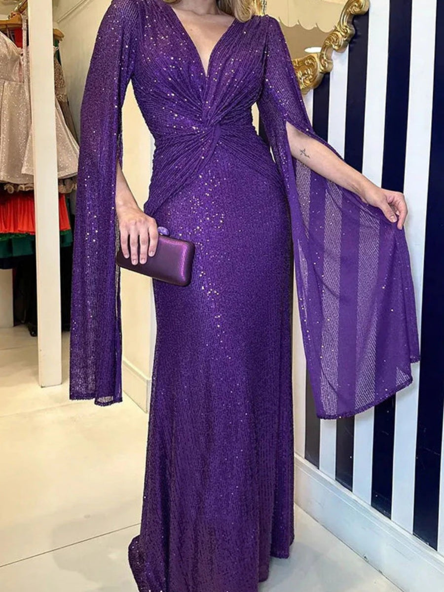V-neck Hip-hugging Sequins Cloak Parties Maxi Dresses