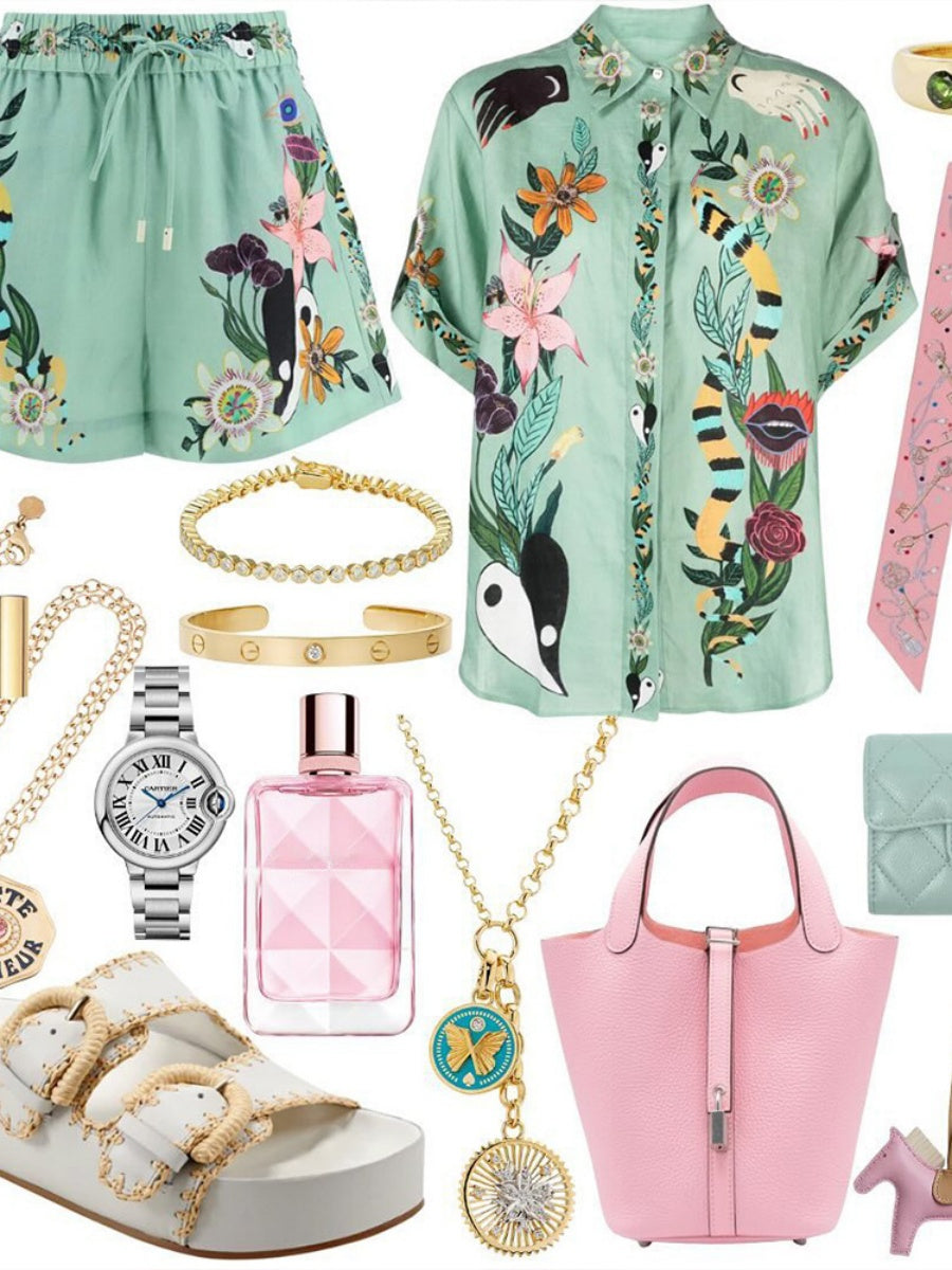 Printed Vacation Long-sleeved Shirt Shorts Set 2-piece Sets