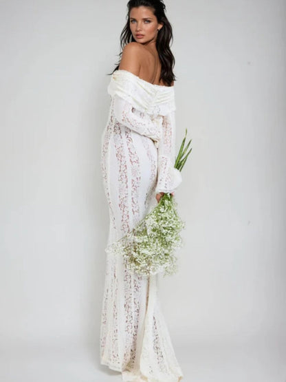 Lace Hollow Off Shoulder Flared Sleeves Hip-hugging Maxi Dresses