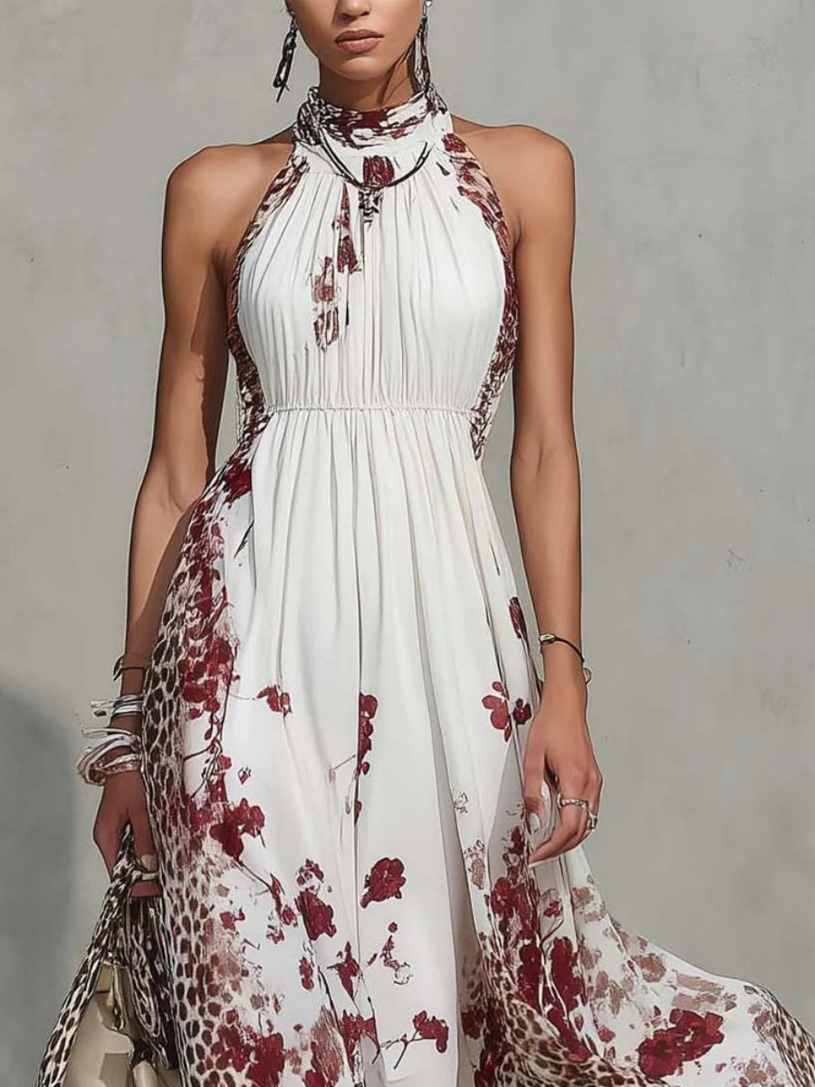 Floral Leopard Print Turtleneck Sleeveless Temperament Vacation Maxi Dresses