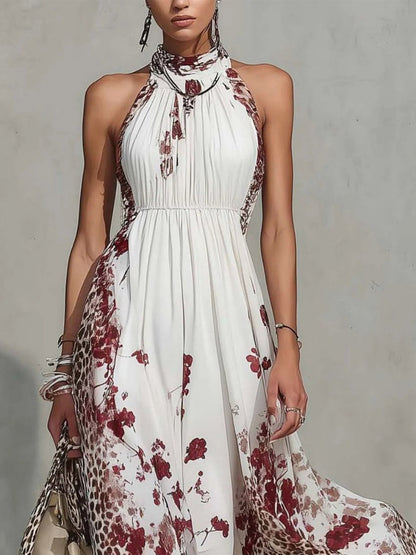 Floral Leopard Print Turtleneck Sleeveless Temperament Vacation Maxi Dresses