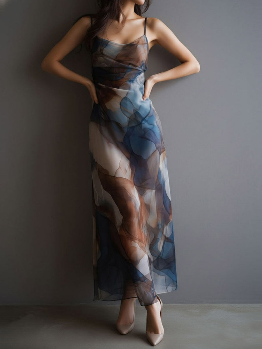 Printed Gradient Hip-hugging Mesh Camisoles Maxi Dresses