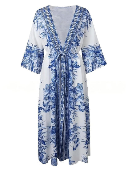 V-neck Short-sleeved Printed Maxi Dress