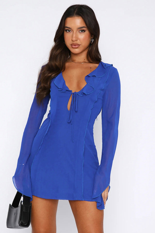 Ruffle Trim Tie Front Keyhole Deep V Neck Long Bell Sleeve Chiffon Mini Dress