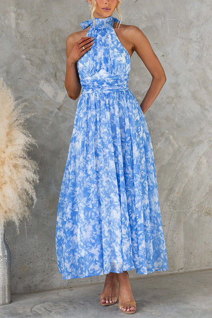 Bow Neck Halter Backless Floral Print Maxi Dress