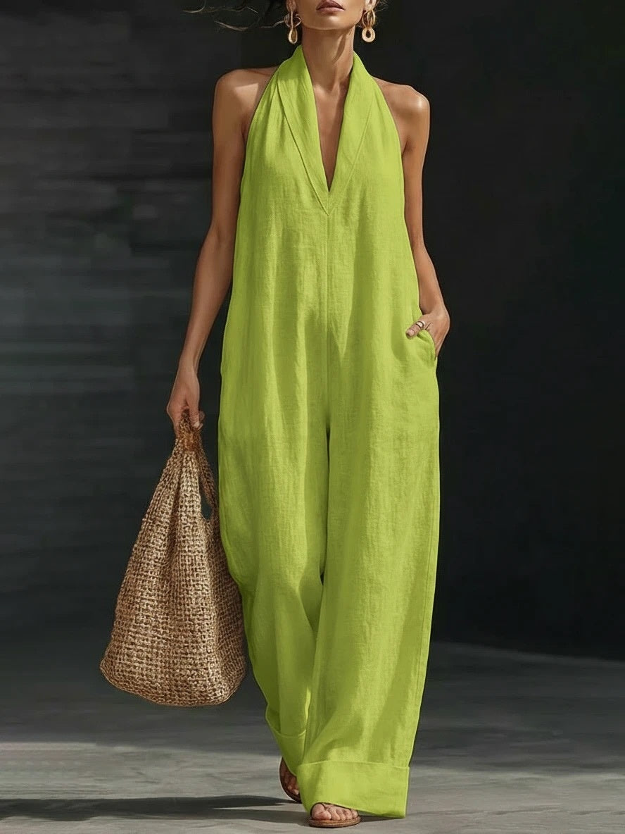 Simple Solid Color V-neck Sleeveless Jumpsuit