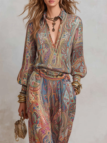 Hippie Style Exotic Style Printed Shirt Printed Wide-leg Pants Set 2-piece Sets