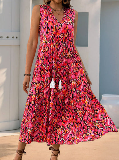 Printed Tassel V-neck Sleeveless Maxi Dresses