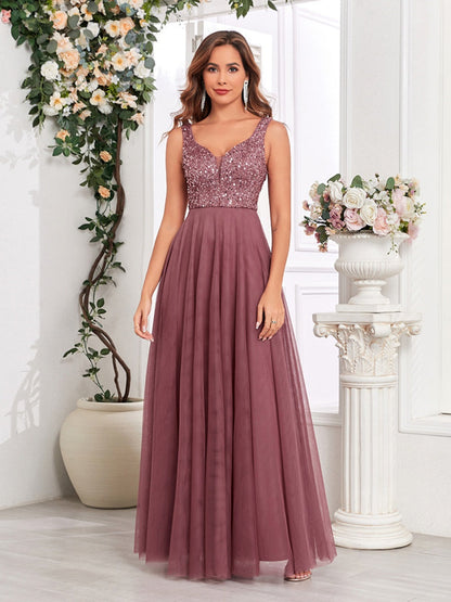 V-neck Embroidery Sequins Elegant Gauze Formal Dress Maxi Dresses