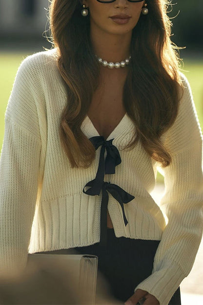 Margovil V Neck Bow Tie Front Elegant Sweater