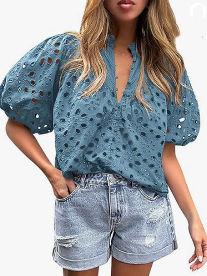 V-neck Buttons Hollow Lace Embroidery Shirts