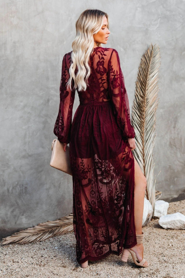 Deep V Neck Floral Lace Embroidered Long Sleeve Side Slit Maxi Dress