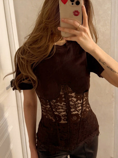 Lace Splicing Fish Bones Perspective T-shirts