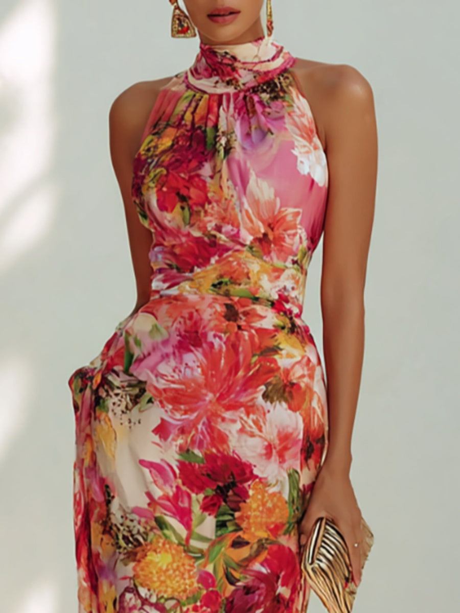 Halter Floral Waist Vacation Maxi Dresses