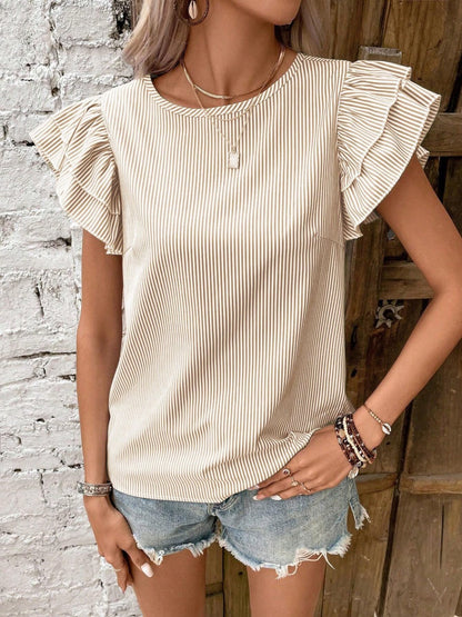 Round Neck Striped T-shirt With Ruffled Sleeves