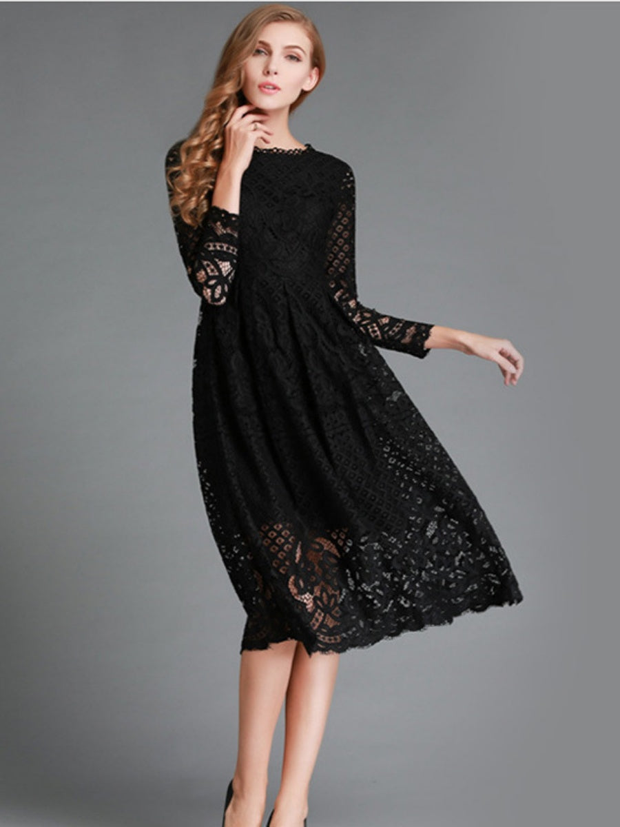Round Neck Lace Long Sleeve Slim Midi Dress