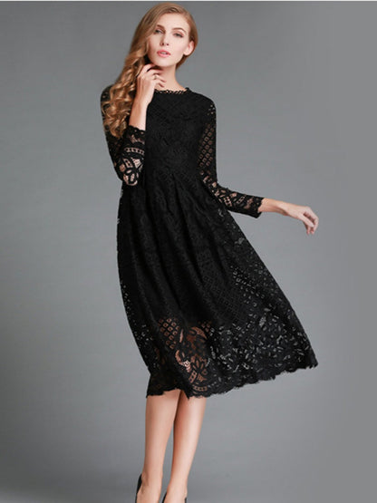 Round Neck Lace Long Sleeve Slim Midi Dress