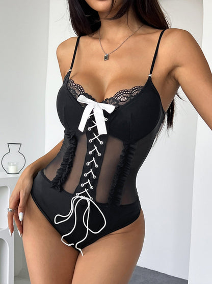 Lace Trim Bow Perspective Straps Suspender Bodysuit