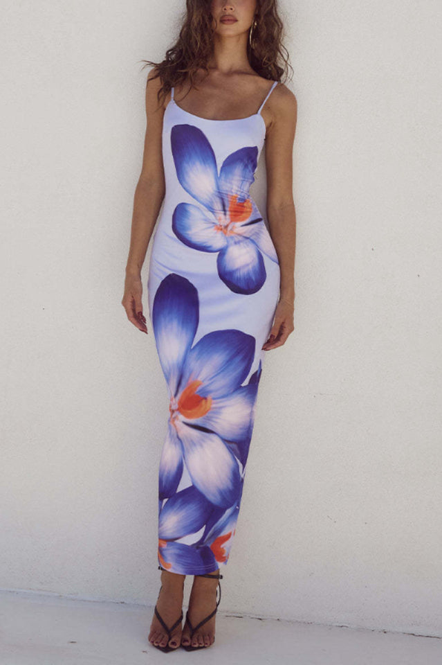 Spaghetti Strap Straight Neck Large Floral Graphic Print Bodycon Maxi Dress