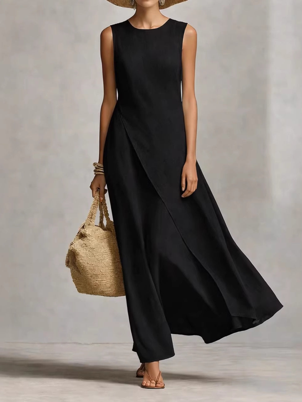Sleeveless Asymmetrical Hem Cotton-linen Blend Long Dress