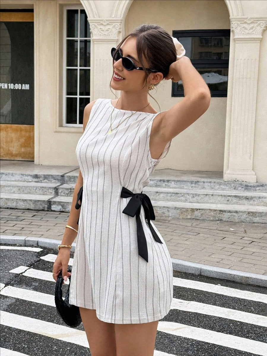 Stripes Sleeveless Reversible Bow Mini&Short Dresses