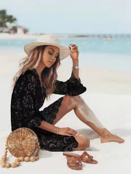 V-neck Sun Protection Shirt, Lace Beach Short Dress