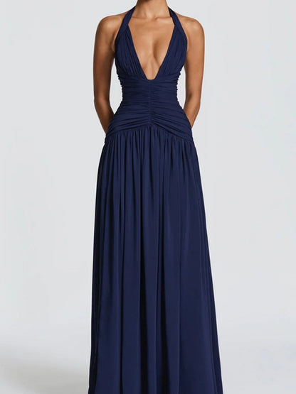 Deep V Halter Backless Maxi Dresses
