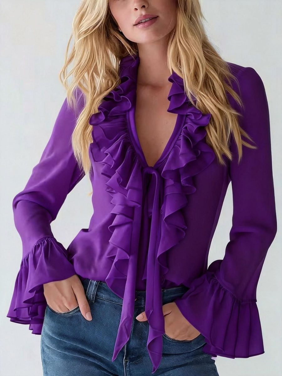 V-neck French Ruffle Puff Sleeve Chiffon Blouse