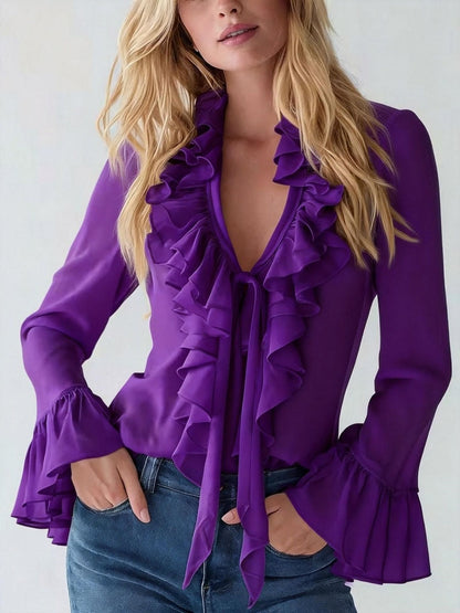 V-neck French Ruffle Puff Sleeve Chiffon Blouse