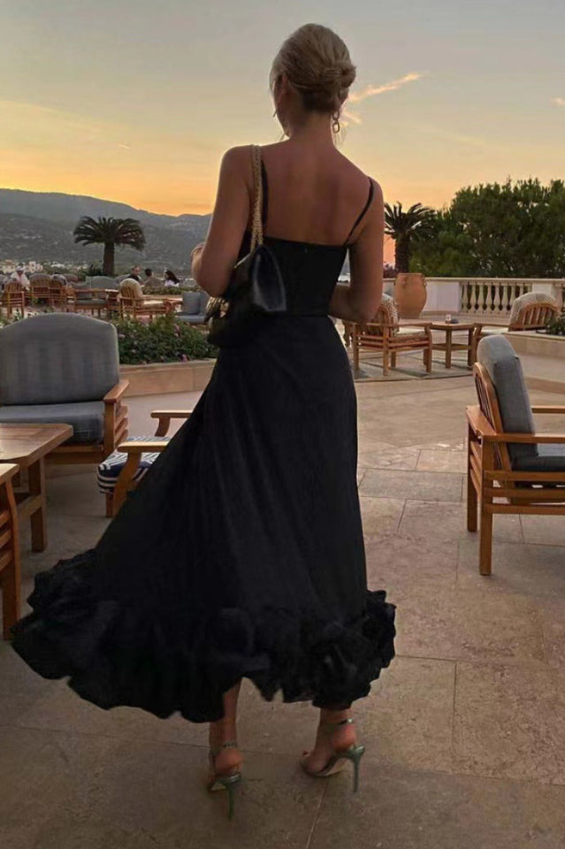 Corset Bustier Scoop Neck Spaghetti Strap Flounce Hem Midi Dress