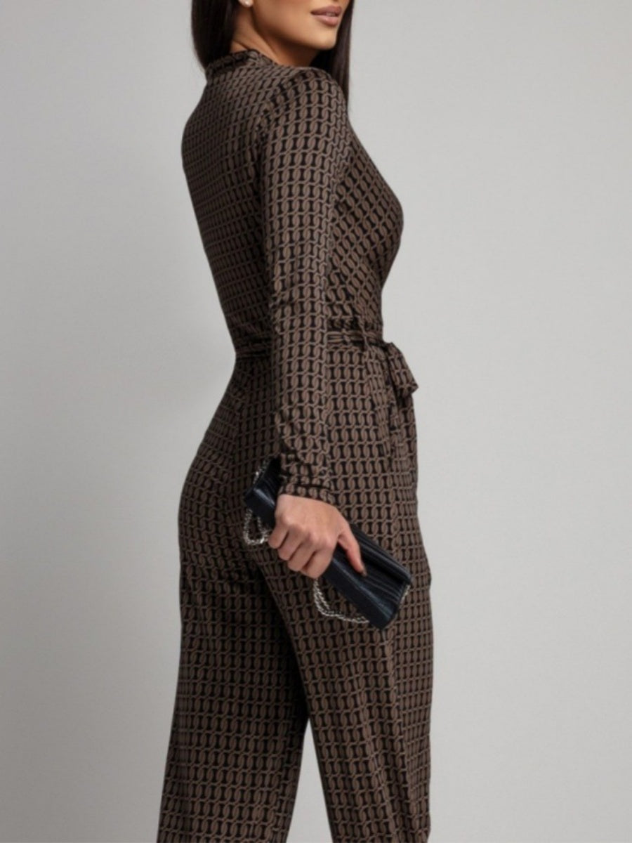 Zebra Print V-neck Long Sleeve Wide-leg Pants Jumpsuits