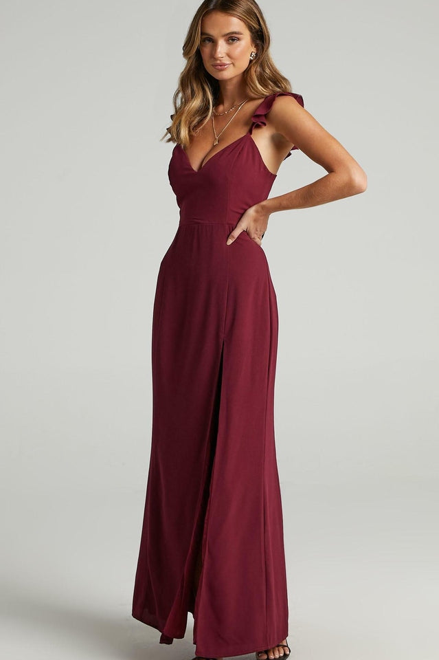 Deep V Neck Ruffle Strap Princess Seam High Slit Maxi Dress