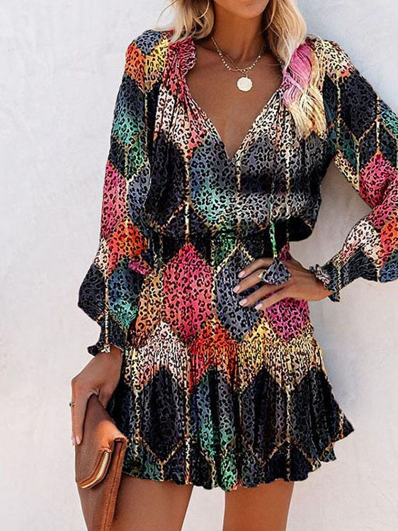Long-sleeved V-neck Fashion Print Fitted Waist Short Dress