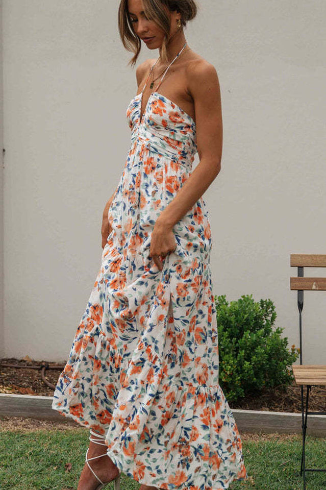 Halter V-Neck Ruched Empire Waist Tiered Floral Print Maxi Dress