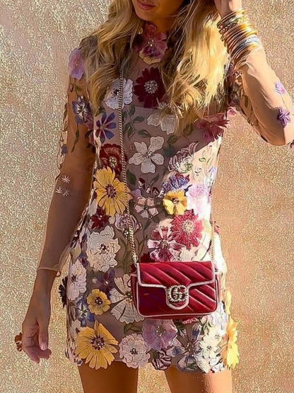 3D Floral Mesh Lace Embroidery Bodycon Slimming Sexy Dress